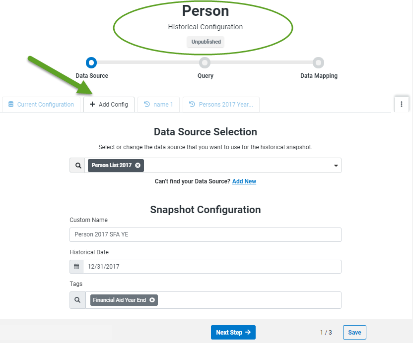 Entity configuration page showing selections for an historical entity. 